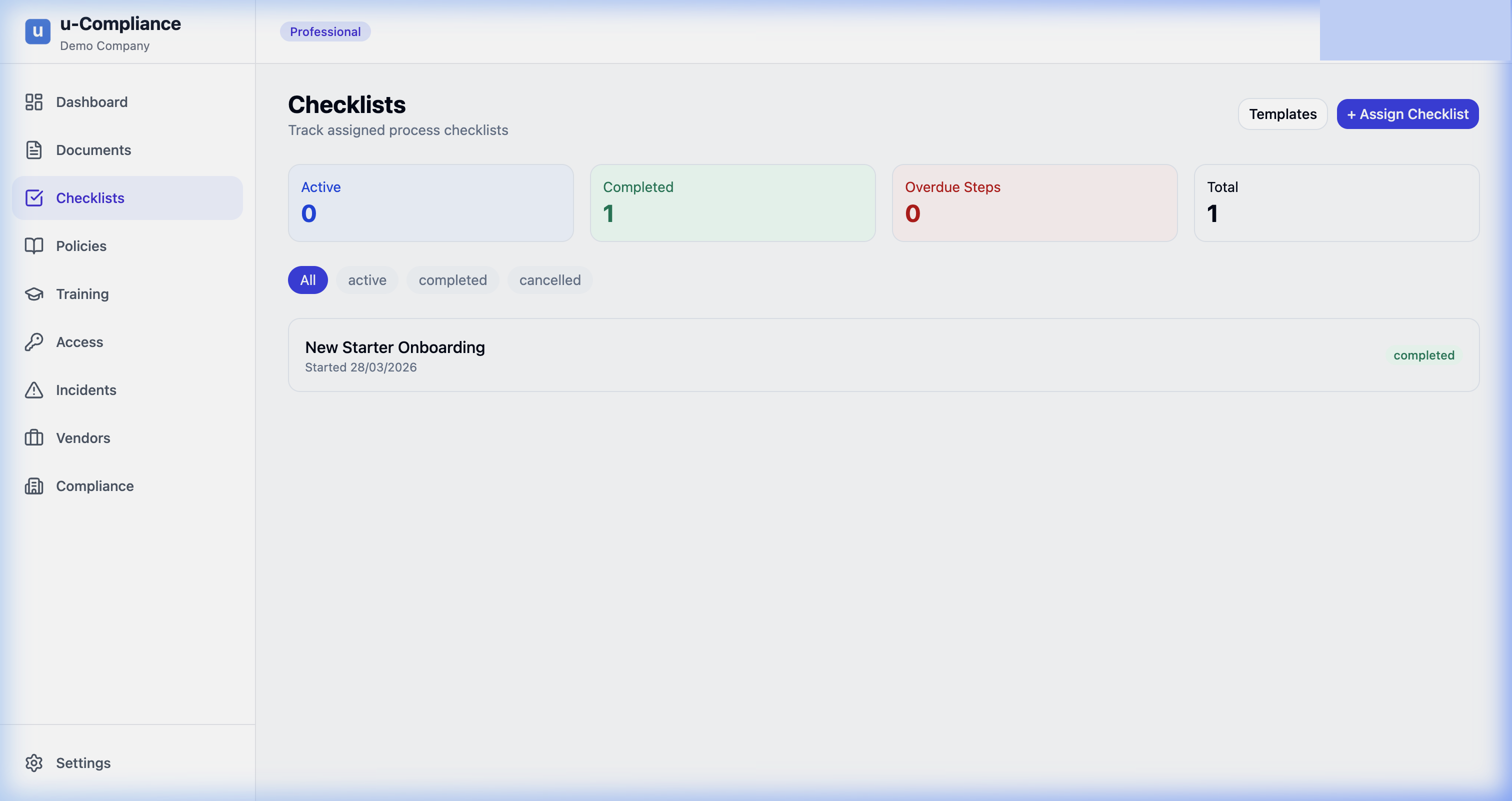 u-Compliance process checklists with step-by-step tracking, evidence upload, and automated escalation for consistent compliance workflows