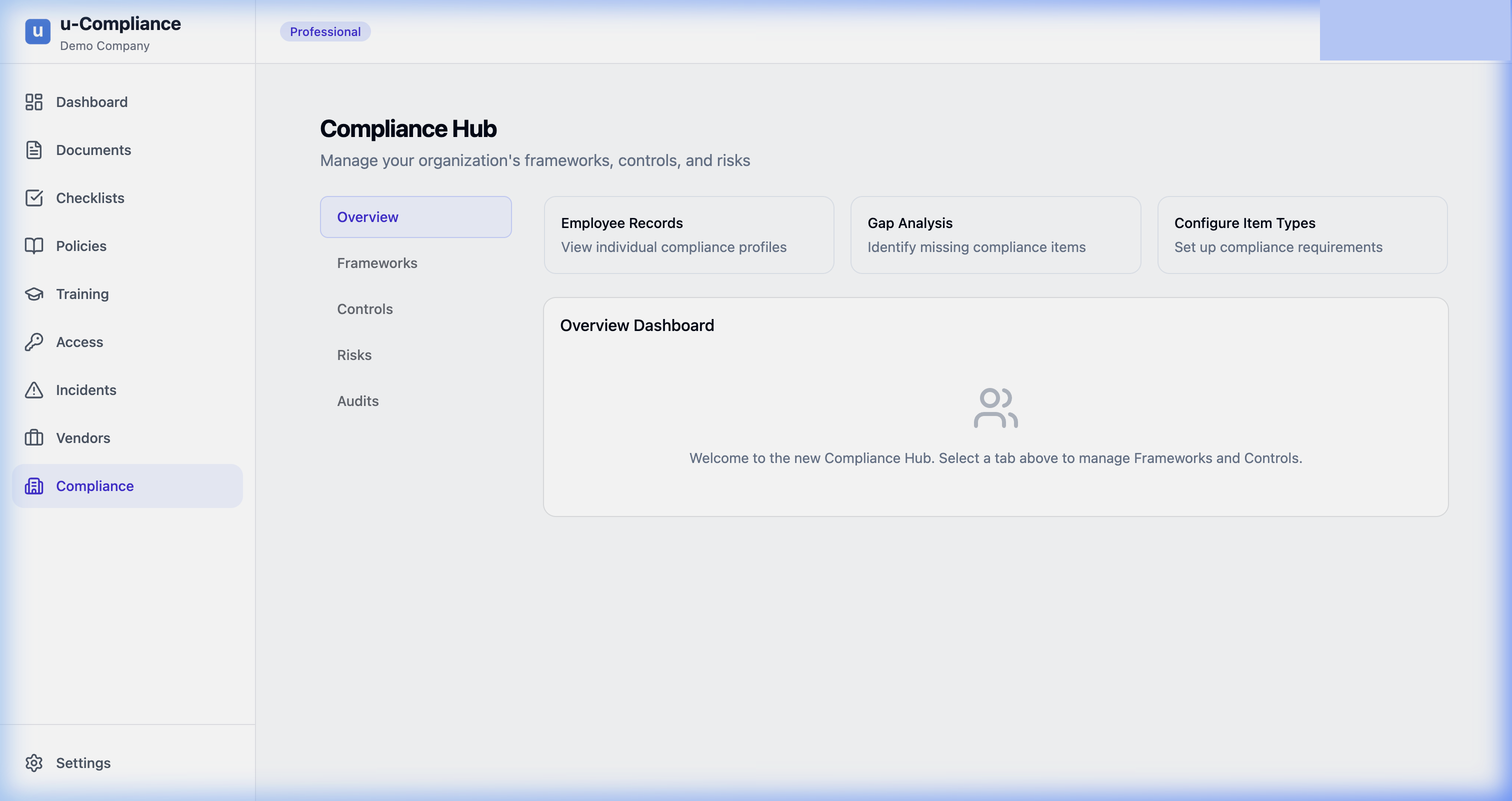 u-Compliance employee compliance records with unified profiles, ISO 27001 and SOC 2 frameworks, controls register, and audit management