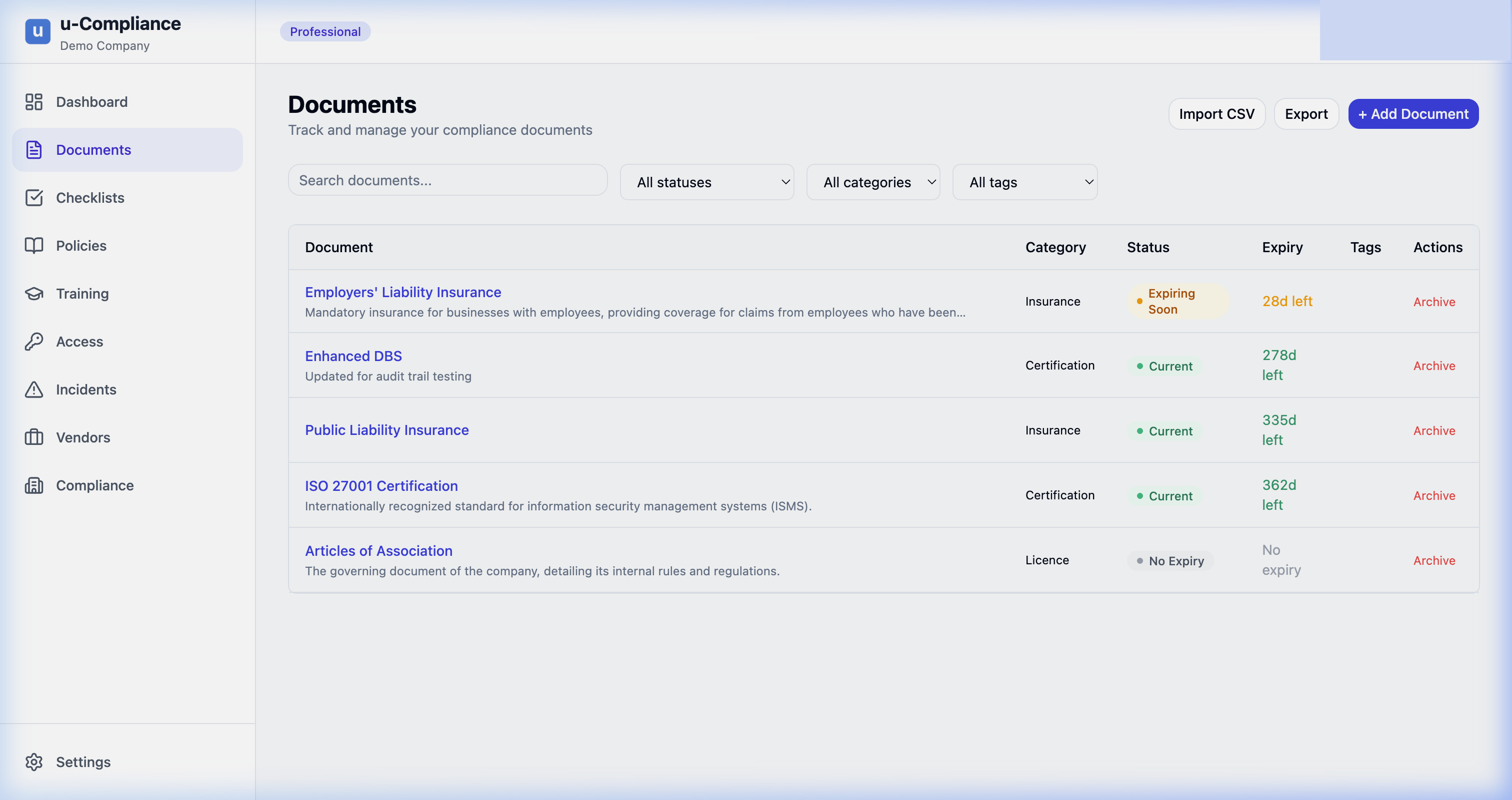 u-Compliance document and certificate tracker showing traffic-light expiry status — track insurance, contracts, licences for UK SME compliance