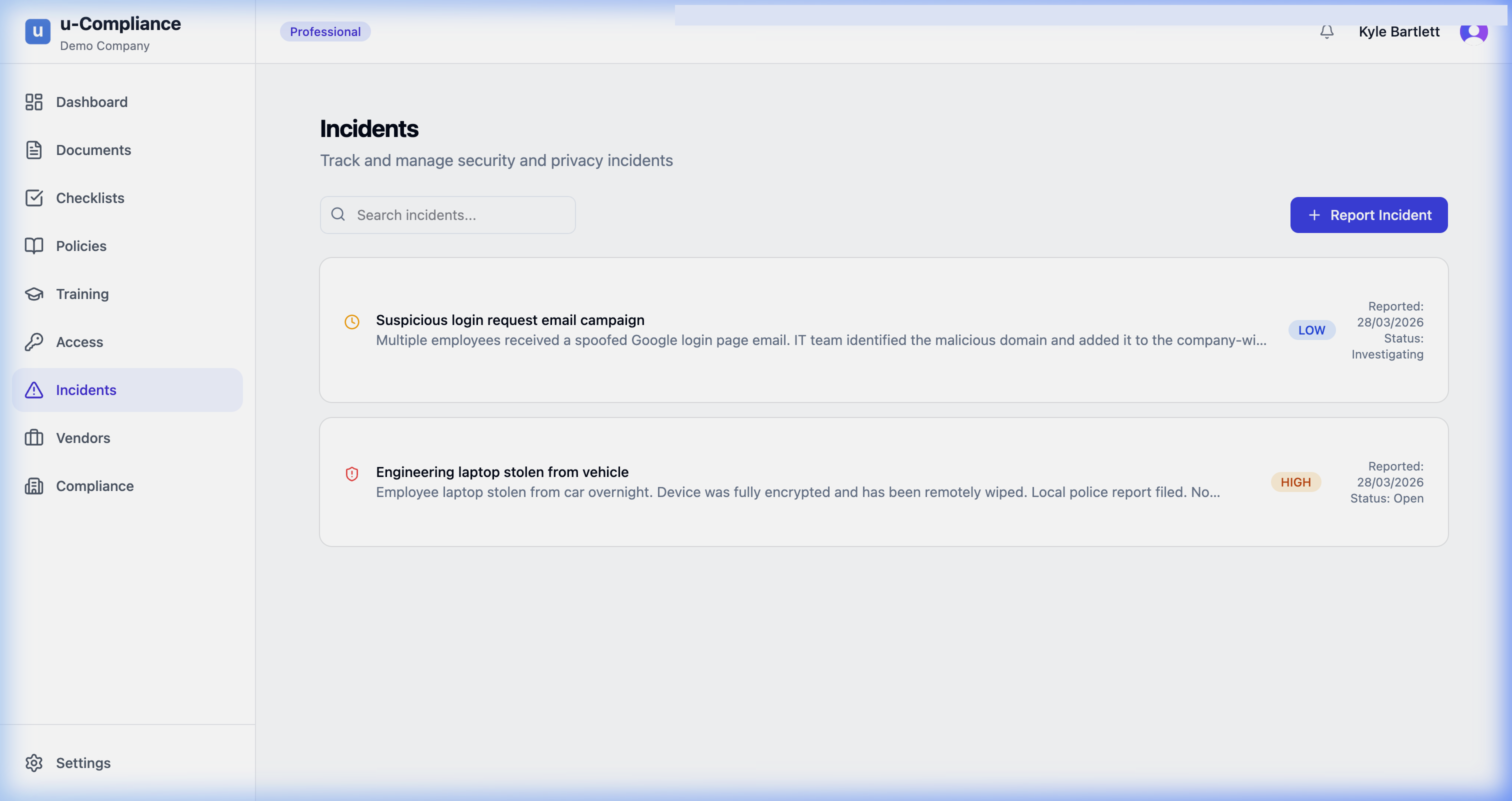 u-Compliance incident management showing severity tracking, investigation workflow, GDPR breach notification deadlines, and stakeholder notifications