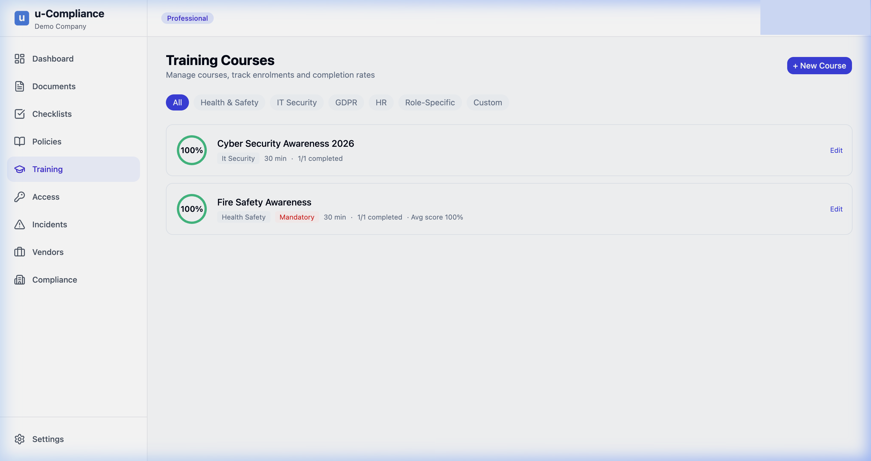 u-Compliance training and micro-certification module with course builder, quizzes, certificate issuance, and recertification tracking