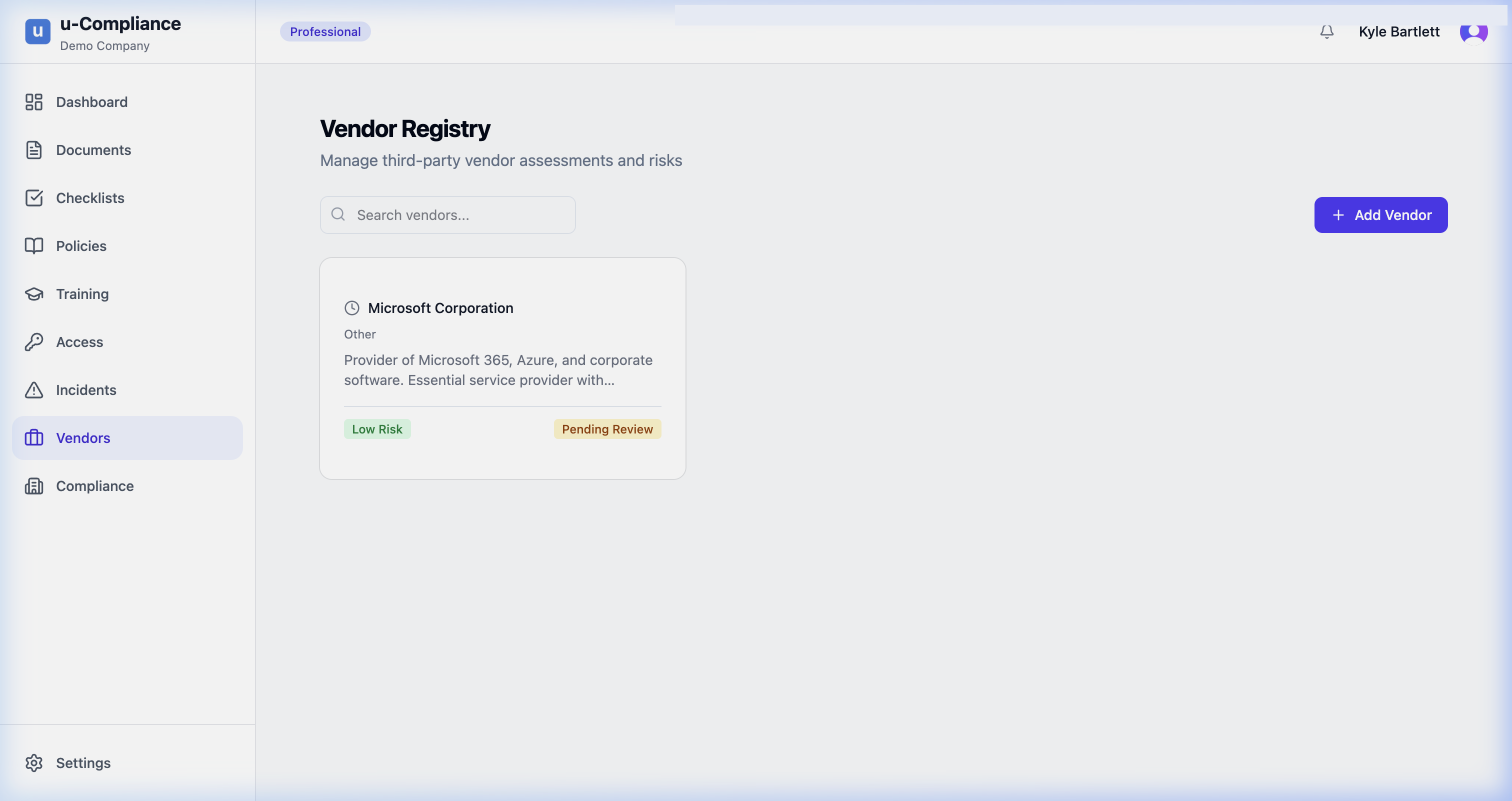 u-Compliance vendor risk management with risk assessments, data classification, DPA tracking, and vendor offboarding workflows